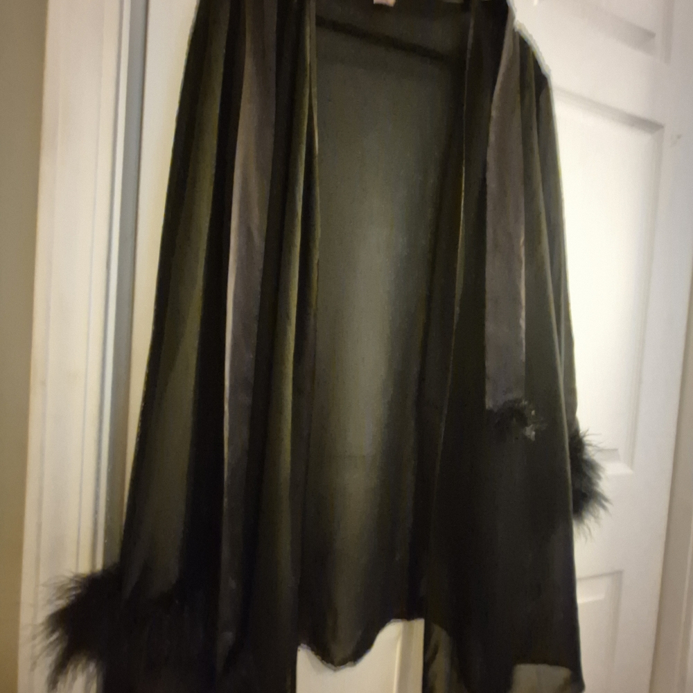 Bettie Page - Black Sheer Robe with Feather Trim - L